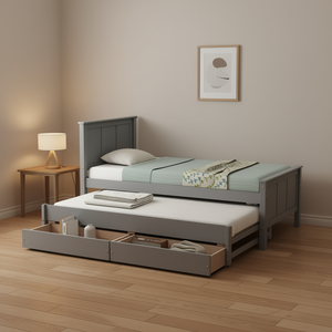 Lit plateforme moderne Db pour deux personnes avec lit gigogne et tiroirs en bois massif gris et contreplaqué, lit confortable pour chambre à coucher - Product Image 2