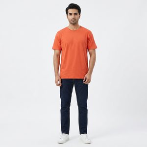 T-shirts pour hommes en coton et polyester de couleur orange à épaules tombantes et surdimensionnés, col rond, été - Product Image 1