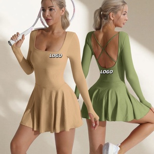 Gaun Yoga wanita lengan panjang, rok tenis ketat punggung cantik, Rok lipit tepi Anti paparan, Rok Yoga nyaman leher persegi, rok Gym Gather - Product Image 1