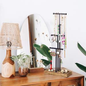 Support de rangement pour bijoux à trois niveaux en métal et bois, grand rangement, couleur bois, colliers, bracelets, boucles d'oreilles, organisateur - Product Image 2