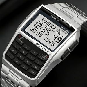 Montre électronique pour homme, style calculatrice, bracelet en alliage d'acier inoxydable, boîtier en plastique, montre pour étudiants et professionnels - Product Image 1