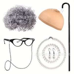 Ensemble de perruque de grand-mère pour cosplay avec canne, foulard, lunettes et perles pour accessoires de fête costumée d'Halloween - Product Image 4