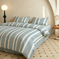 Ensemble de housse de couette rayée bleu et blanc 100% coton respirant et doux, literie 4 pièces avec 2 taies d'oreiller