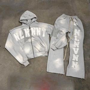 Custom Wholesale Heavyweight Cotton Fleece Streetwear Y2K Acid Wash <b>Spray</b> Dye Logo Print Mens Hoodie <b>Set</b> - Product Image 2