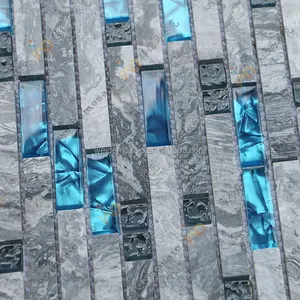 Azulejos de mosaico de vidro marmore de alta qualidade com padrões intertravados, azulejos cinza ondulados, tira de vidro para construção doméstica, vidro misturado cinza azul