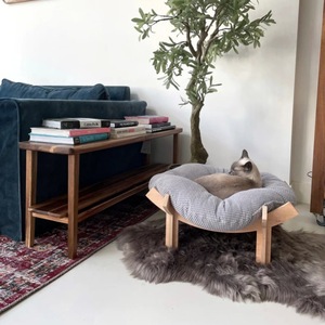 Wooden Indoor Cat <b>Bed</b> Round With Detachable Pillow Natural Wood Color Customizable Polyester Fiber Fill Hand Wash Cat <b>House</b> - Product Image 4