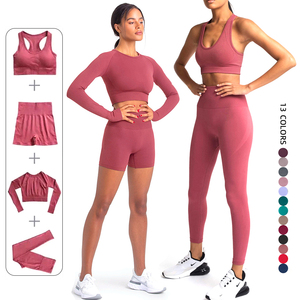 Wholesale 4 Piece Ropa Deportiva De Gimnasio Sets, Seamless Yoga Bra + Crop Top + Athletic Shorts + Leggings Sports Tracksuit