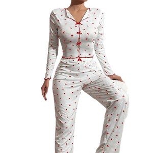 2026 Dames Pyjama Set Sexy Kant V-hals Strik Nachtkleding Hart Print Lange Mouwen & Broek Nachtkleding Loungewear Outfit - Product Image 4