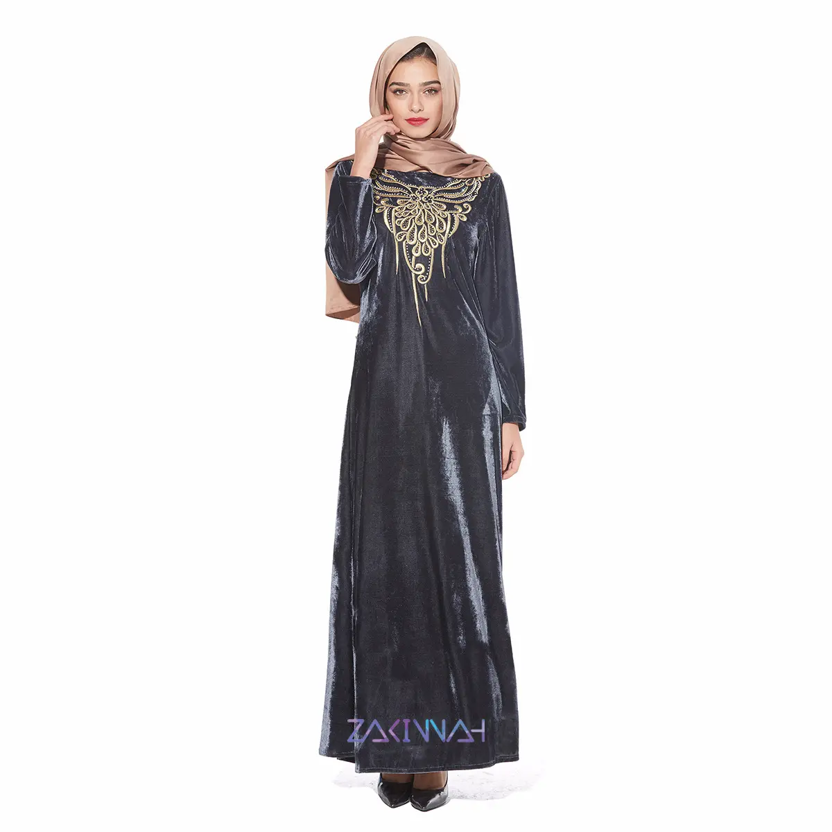 2022 모슬린 긴 소매 자수 드레스 두바이 드레스 Kaftan Abayas