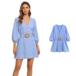 Vestido Mini Casual de Moda para Mujer, Cuello en V, Lazos Azules, Bordado con Ojales, Manga Larga - Product Image 1