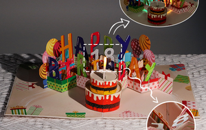 כרטיסי ברכה יצירתיים עוגת יום הולדת שוקת נרות אורות מוסיקה נוריות רוח יום הולדת 3 עוגה הסיטונאי - Product Image 3