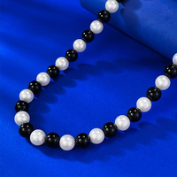 Collier en perles d'eau douce de 8 mm, agate noire, argent sterling S925, collier à brins alternés, 40+5 cm, bijoux élégants pour femmes, pour les soirées