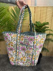Bolso Tote de Algodón Acolchado con Estampado Floral Indio, Impresión a Mano, para Mujer, Superventas, Combinación de Colores, Gran Capacidad - Product Image 4