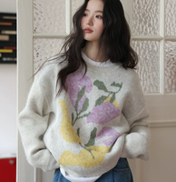 Pull en cachemire jacquard gris clair sur mesure, motif floral, coloris assortis, style décontracté et littéraire, chaud pour femme, idéal pour l'hiver