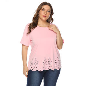 도매 여성 플러스 사이즈 물결 모양 가장자리 O 목 짧은 소매 캐주얼 블라우스 T 셔츠 탑스 - Product Image 4