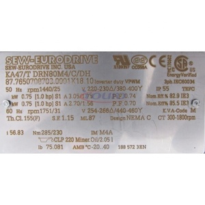 มอเตอร์เกียร์มุมฉากแบบเฮลิคอล-เบเวล Eurodrive KA47/T DRN80M4/C/DH ของแท้ใหม่ 100% ประสิทธิภาพระดับพรีเมียม IE3 มอเตอร์ AC 4 โพล - Product Image 6
