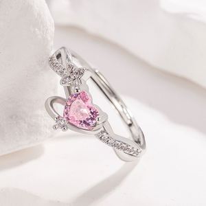 Anillos de Pareja Plateados en Platino, Anillo de Joyería para Pareja con Corazón de Circonita Rosa, Anillos Ajustables para Mujer y Hombre, Joyería de Boda - Product Image 3