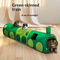 Tunnel à gratter pour chat en carton ondulé non tissé, avec motif train en cuir vert, jouet ludique et abri pour chat