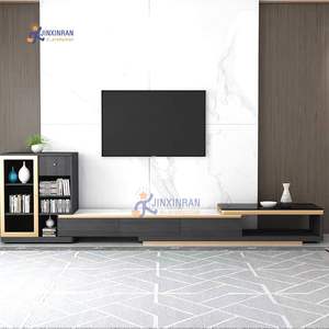Mueble de Salón Moderno con Soporte para Televisor de Vidrio Telescópico Negro Brillante con Efecto Marmolado y Estantería para Libros - Product Image 1