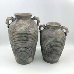 Vase en céramique fait main-Vase en terre cuite de 14.3 ''de hauteur Vases en poterie grossière <span class=keywords><strong>gris</strong></span> <span class=keywords><strong>clair</strong></span> vintage Décor antique rustique avec 2 oreilles - Product Image 3