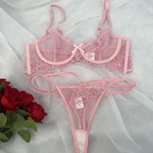 Rosa Blumen stickerei sexy Unterwäsche Set erotische Dessous für Teenager-Mädchen