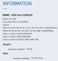 Pengisi Daya Cepat Berkualitas Tinggi PD 65W Bahan PC Anti-Api Port USB-C Ganda USB-A QC3.0 5V/3A Bersertifikasi CE/Rohs Earphone