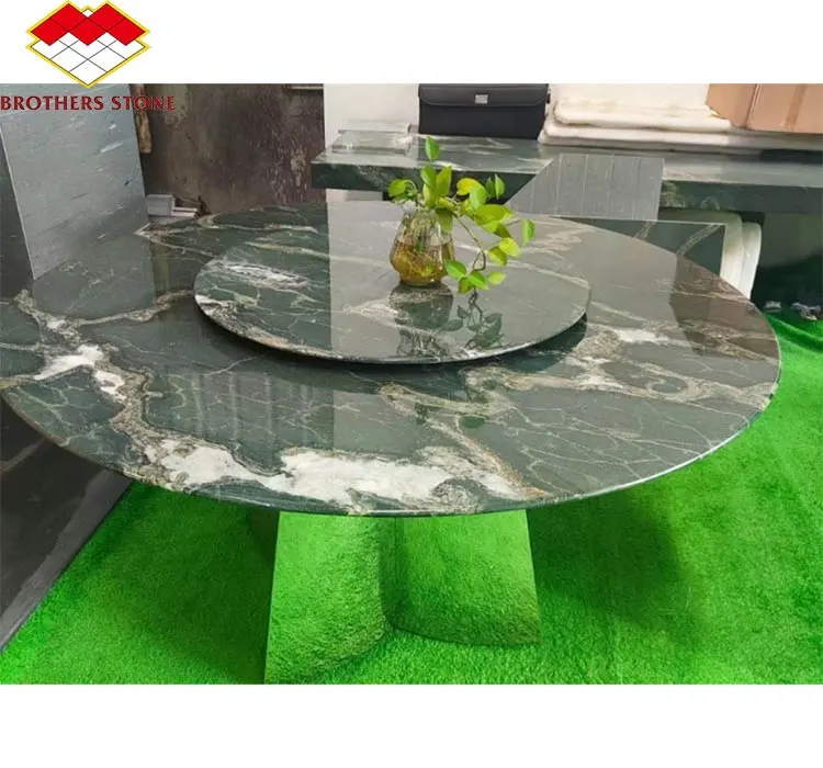 Modern Luxury Verde Green marble Graphic Design Big Slab double layer dining table set Round Dinner Tables