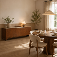 Meuble TV moderne et minimaliste avec plateau en pierre, base arquée sans poignées, 4 portes, en bois, avec plateau en travertin pour salon