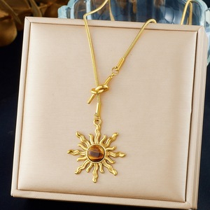 Gold Plated Sun Pendant Necklace With Simulated Tiger Eye Bezel Setting Stainless Steel Snake Chain Daily Wear Gift Jewelry - Product Image 1