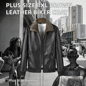 Chaqueta de cuero marrón para hombre, talla grande 8XL, con cuello alto, teñida con hilo, impermeable, estilo punk, de tela de estambre, ecológica, para otoño. - Product Image 2