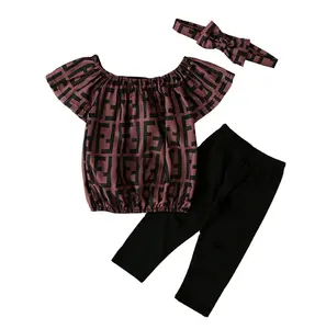 Setelan Pakaian Anak Perempuan Mode Baru 2021 Setelan Baju Anak-anak Gambar Huruf Cetak Bahu Terbuka dan Celana Mode 3 Potong Setelan Kasual