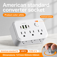Adaptateur de voyage CE, prise standard américaine, 6 prises, bloc d'alimentation industriel USB avec 2 ports USB A et 2 ports Type-C, noir et blanc