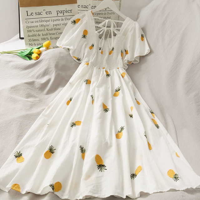 Summer Chiffon Women Dress Casual Strawberry Pineapple Printed a Line Dress Female Short Sleeve Back Lace up Pleated Dresses