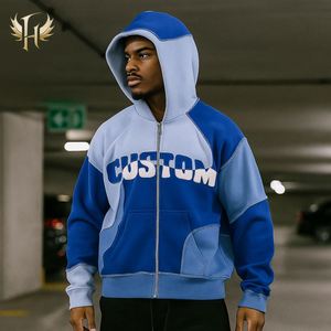 Sweats à capuche personnalisés OEM et ODM avec broderie 3D en coton épais recadrée avec fermeture éclair vers le haut point inversé et patchwork pour hommes - Product Image 1