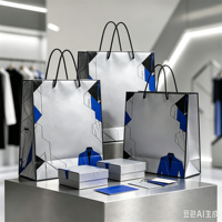 Sacs en papier kraft personnalisés avec logo, usine source, sacs en papier pour emballage de vêtements, sacs de shopping, luxe classique argent-bleu