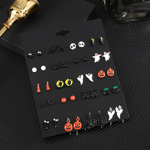 Ensemble de boucles d'oreilles d'Halloween en alliage d'acier inoxydable, motifs citrouille, crâne, fantômes, squelettes, décorations de fête unisexes - Product Image 1