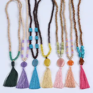 Wood 108 Mala Beaded Necklace Tassel Necklace 8ミリメートルWooden Beads Costume Jewelry