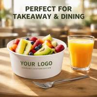 Bedrukte wegwerp papieren saladekommen met aangepast logo, groothandel, luxe, milieuvriendelijke fruitsaladeverpakking voor afhaalrestaurants