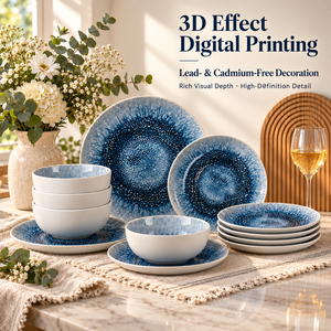 Juego de Vajilla de Porcelana de 12 Piezas, Impresión Digital 3D, Glaseado Reactivo Azul, Platos y Tazones de Cerámica, Ecológico, Apto para Microondas - Product Image 5
