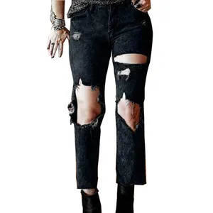 Black Ripped Straight Jeans For Women Spring And Summer New High Street Design Lengthened Slimming Narrow Wide Leg Pants Black