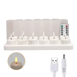 Juego de 12 velas LED recargables sin llama con control remoto USB parpadeante 3D Bullet con base de carga y taza blanca