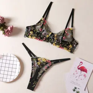 2023 Factory Wholesale Women Underwire Bra Thong Sexy Embroidered Lingerie Set Underwear