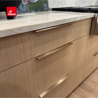 Armoire de cuisine en placage de chêne blanc scié Alland Rift, placage uni, avec éclairage linéaire, style moderne, sur mesure