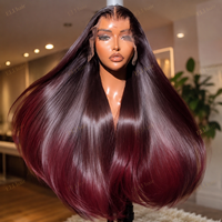 Perruque de cheveux humains lisses ombrés bordeaux 99J, Lace Front 13x4 pré-épilée, longue et soyeuse, en cheveux vierges brésiliens pour femmes, densité 180%