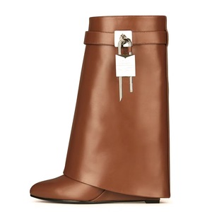 Botas de Mujer con Tacón de Cuña de Cuero Sintético Estilo Europeo Americano, con Cremallera, Hebilla de Bloqueo y Suela de Goma, de Caña Alta, para Otoño - Product Image 4
