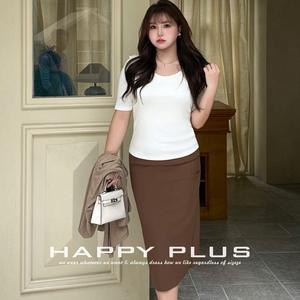 Camiseta de punto Runqi para mujer, talla grande, color sólido, manga corta, cuello redondo, con etiqueta y cordón. - Product Image 2