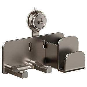 Soporte de pared para secador de pelo con ventosa para baño, gris plomizo, sin perforaciones, estante de almacenamiento rectangular con acabado pulido - Product Image 2