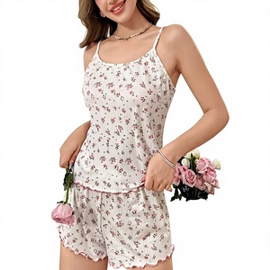 Women Floral V-neck Cami Shorts Pajama Set Breathable Cotton Jersey Fabric Drawstring Sleepwear Lounge Wear 2-Piece - Product Image 6