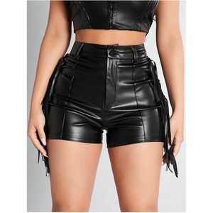FOXA Women's Faux Leather <b>Shorts</b> With <b>Fringe</b> Tassel High Waist Micro <b>Shorts</b> For Festival Rave Western Outfits - Product Image 4