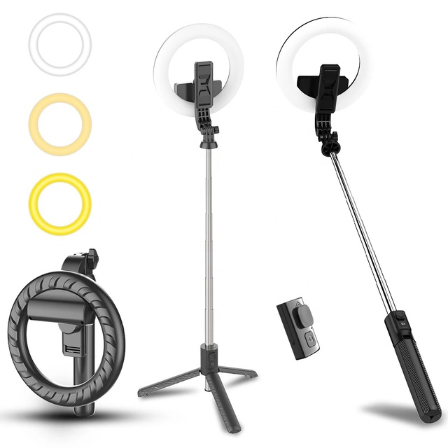 New Arrival Wireless Plastic Tripod Selfie Stick with 5-Inch Ring Anchor 1200mAh Battery Rotatable Makeup Light for Mobile Live